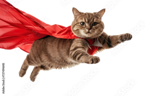 superhero flying cat with red cape, isolated on transparent background, brave pet, cute dynamique and playful animal photo