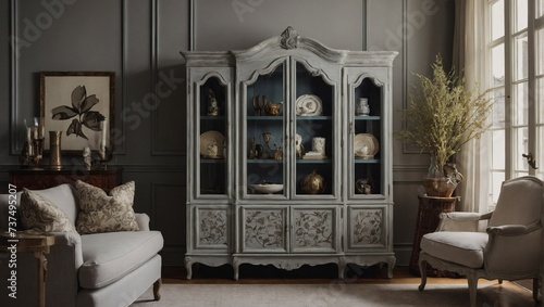 Painted wooden armoire and carefully chosen decor items creating a chic living room setup. photo