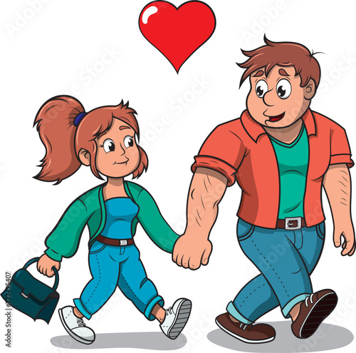 Pareja enamorados caminando de la mano, ilustración vectorial estilo cartoon.