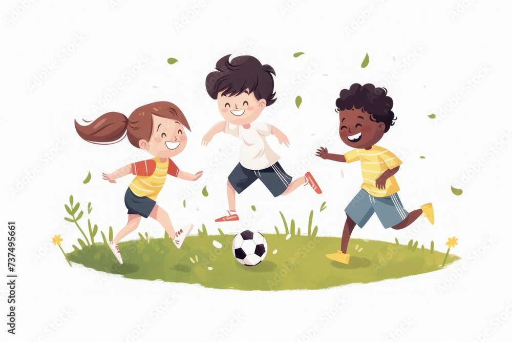 Animated children in a carefree soccer game surrounded by nature.