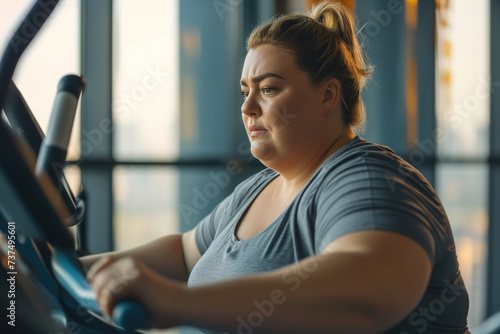 Fat woman is exercising in the gym