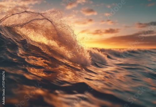 Breaking colorful ocean wave falling down at sunset time side view Orange sky above clear sea waves in water © FrameFinesse