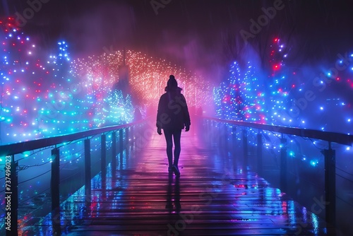 silhouette of a person in the night walking over bridge in Christmas time © haxer