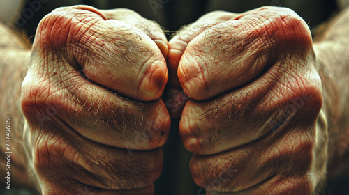 Anger: A close-up of a person's clenched fists, knuckles white with tension, veins bulging, and brows furrowed in frustration. photo