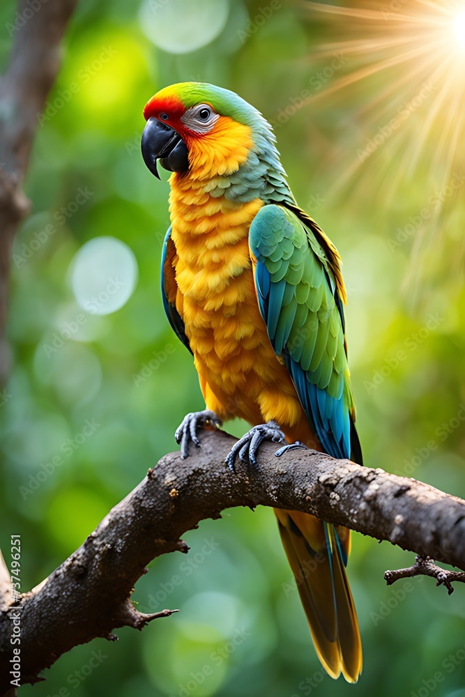 Generative ai. parrot perched on a branch in the sun