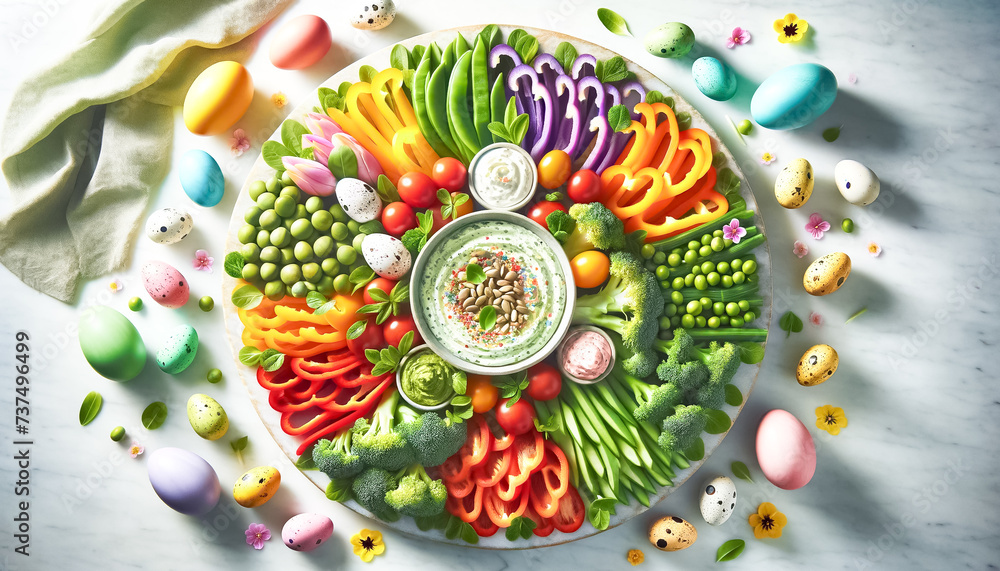 Easter Celebration Vegetable Platter with Hummus and Edible Flowers
