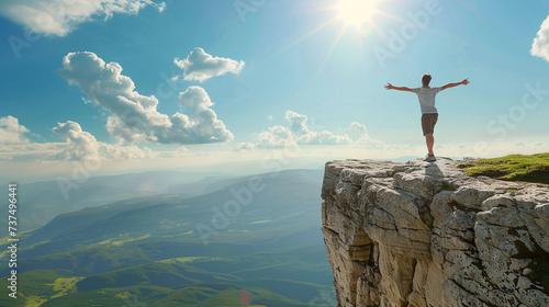 Anticipation  A person standing at the edge of a cliff  overlooking a vast landscape  with arms outstretched and face lifted towards the sky  eagerly awaiting what lies ahead.