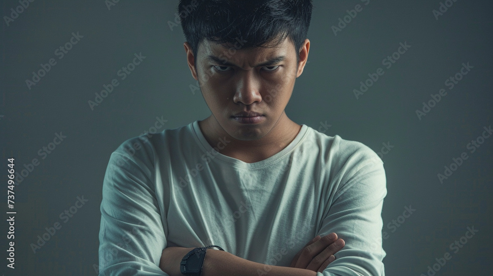 Resentment: A person with a furrowed brow and narrowed eyes, arms crossed tightly across their chest, harboring feelings of bitterness and indignation. - obrazy, fototapety, plakaty 