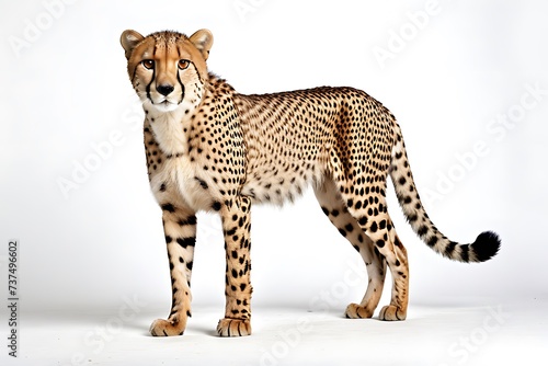 Generative ai. cheetah standing on a white surface with a white background, cheetah, humanoid cheetah, full body view, spotted ultra realistic