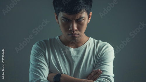 Resentment: A person with a furrowed brow and narrowed eyes, arms crossed tightly across their chest, harboring feelings of bitterness and indignation.