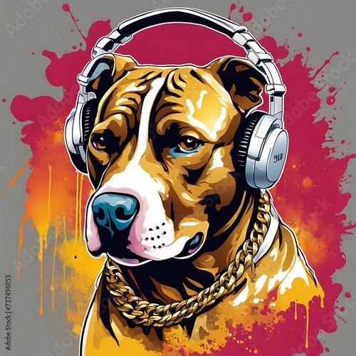 Generative ai. a dog wearing headphones and listening to music, dj, rap, digital art animal photo, pitbull, hip-hop, hip - hop, vibing to music, rapper, music is life, gangsta rap © Baxxtee