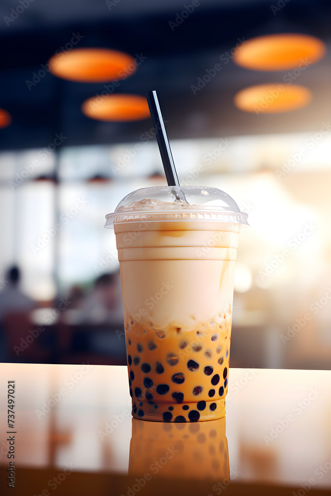 Bubble milk tea with tapioca pearls in cafe. AI generated Bubble milk tea with tapioca pearls in cafe. AI generated