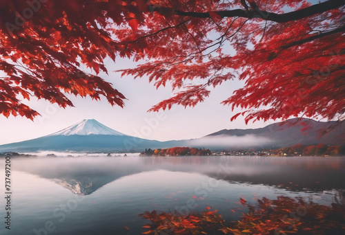 Colorful Autumn Season with morning fog and red leaves over the crystal clear lake
