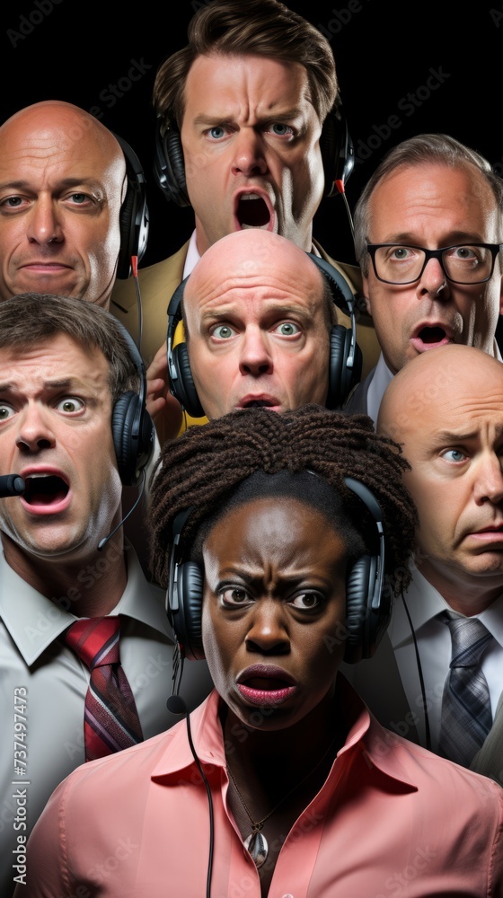 A group of people wearing headphones are looking at something in shock. A group of people wearing headphones are looking at something in shock.