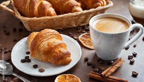 cup of coffee and croissants for breakfast