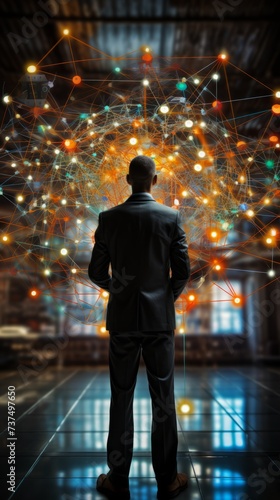 Businessman looking at a glowing network of connections representing global business and technology