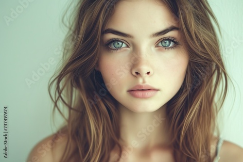 Portrait of a young beautiful woman with long brown hair and light blue eyes photo