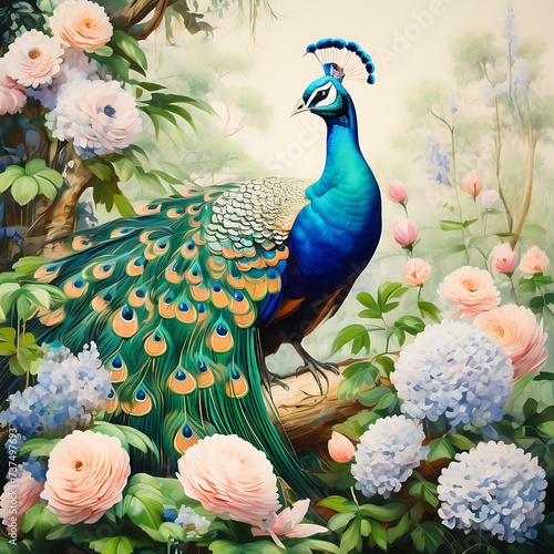 Generative ai. a painting of a peacock sitting on a tree branch, beautiful painting of a tall, painting of beautiful, peacock in the desert, peacock, beautiful oil painting on canvas © Baxxtee