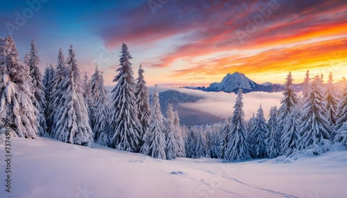 fabulous winter sunset in the mountains with frosty fir trees © William