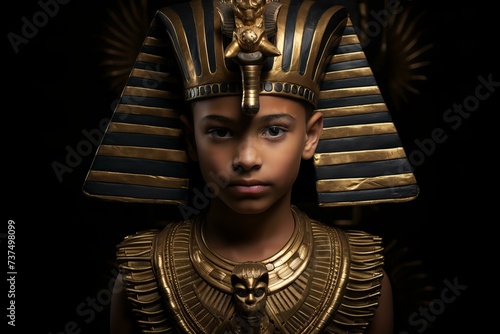 Mysterious Portrait of young tutankhamun. Religion golden. Fictional person. Generate Ai photo