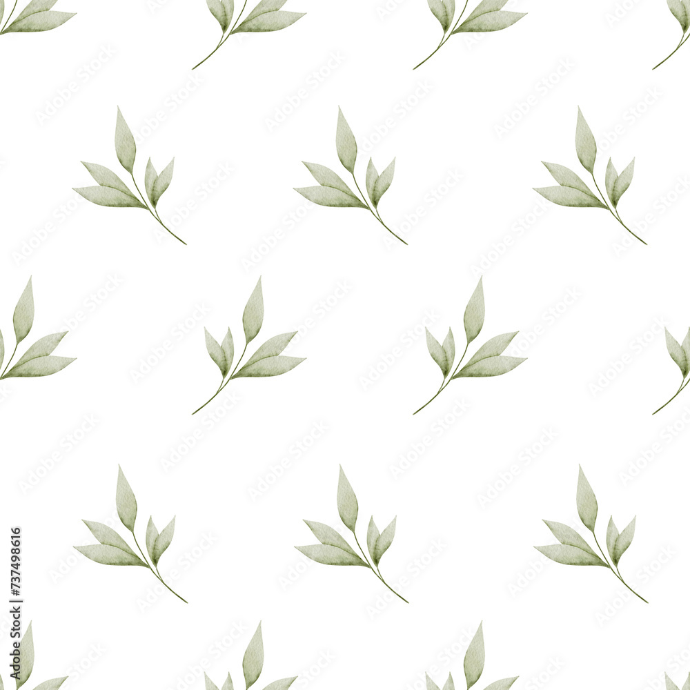 Seamless pattern with green leaves. Spring watercolor pattern