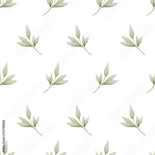Seamless pattern with green leaves. Spring watercolor pattern