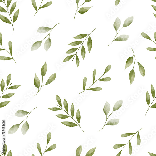 Seamless pattern with green leaves. Spring watercolor pattern