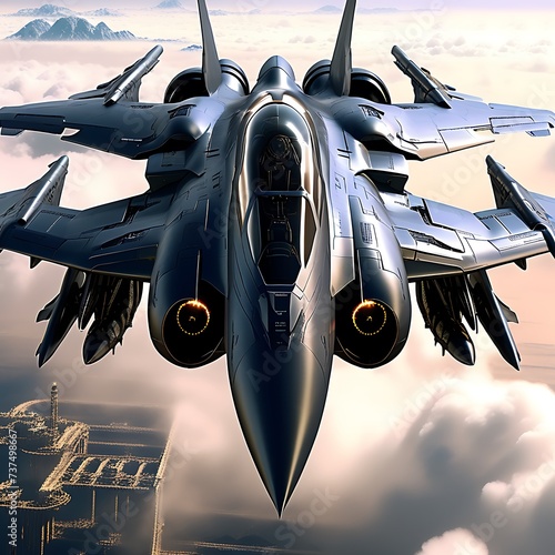 Generative ai. a fighter jet flying through a cloudy sky, jet fighter background, jet fighter, valkyrie fighter jet © Baxxtee