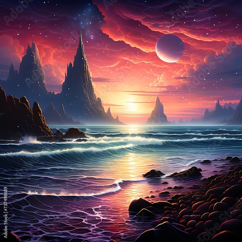 Generative ai. a painting of a sunset over the ocean, fantasy sea landscape, sunset on distant machine planet, impressive fantasy landscape, detailed dreamscape, fantasy landscape © Baxxtee