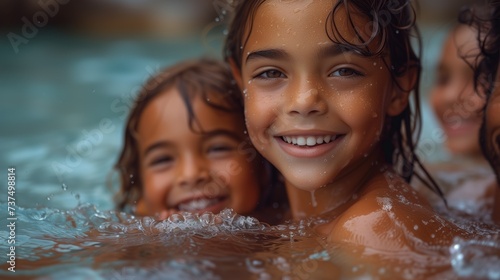 Children having fun bathing in pool  smiling for camera with happy faces