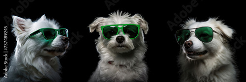 Set of white dogs in green sunglasses on a dark black background. Horizontal banner with copy space for text. Concept for pet care, vacation, relaxation on a sunny beach, tourism. Pet shop. Store