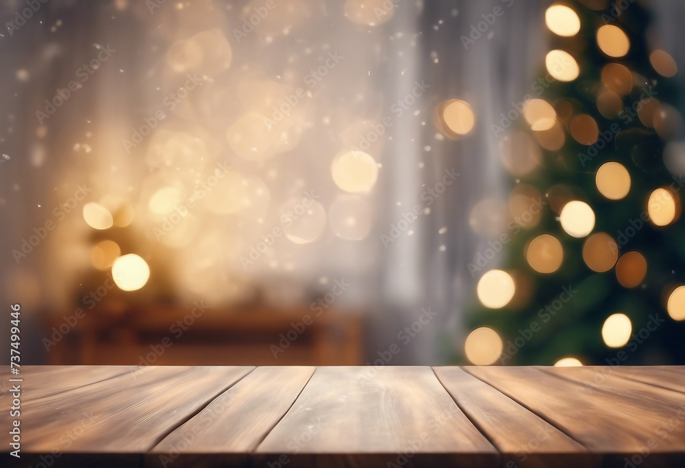 Empty woooden table top with abstract warm living room decor with christmas tree string light blur bokeh interior Empty woooden table top with abstract warm living room decor with christmas tree string light blur bokeh interior
