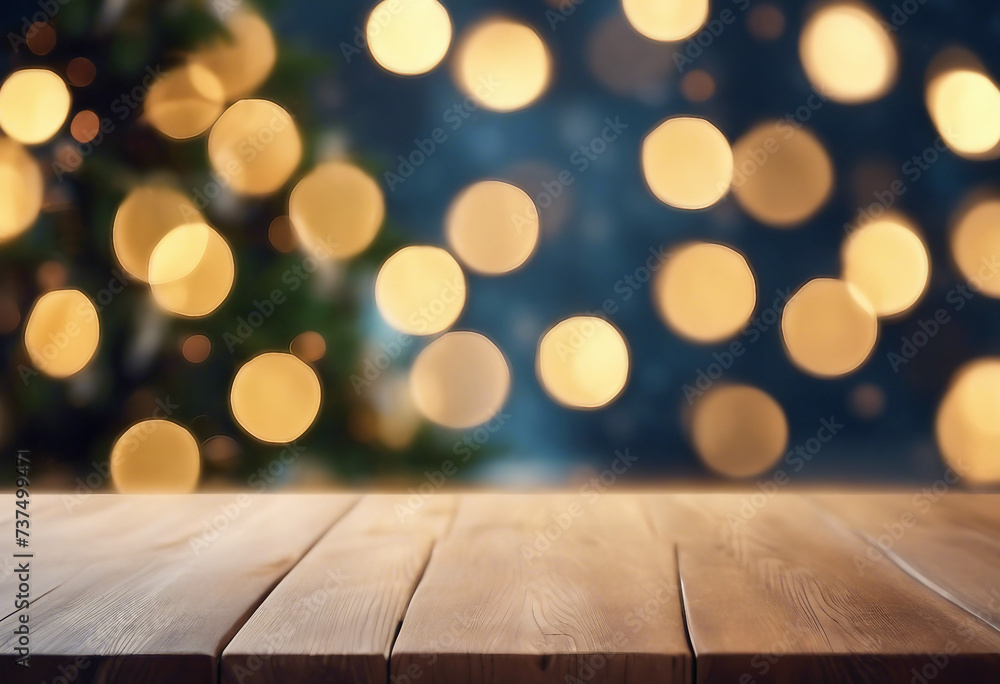 Empty woooden table top with abstract warm living room decor with christmas tree string light blur bokeh background Empty woooden table top with abstract warm living room decor with christmas tree string light blur bokeh background
