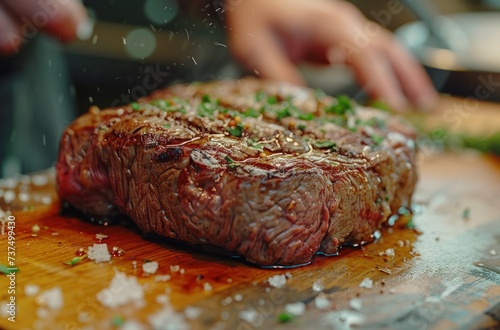 chef some meat for steaks on the board photo