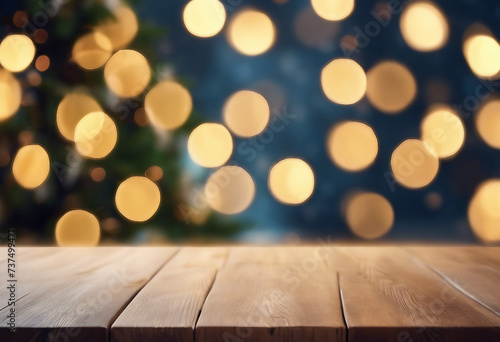 Empty woooden table top with abstract warm living room decor with christmas tree string light blur bokeh background