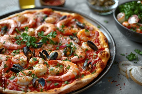 pizza with seafood on gray background on a table