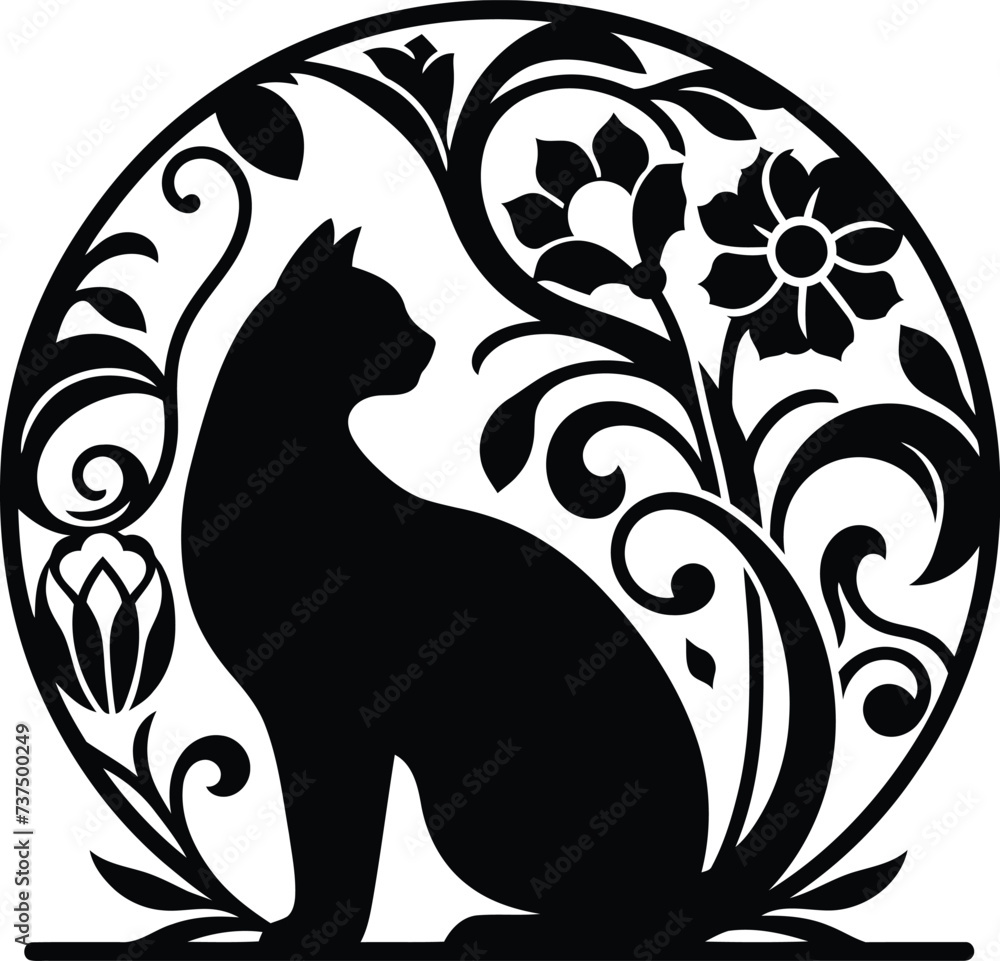 Obraz premium cat silhouette flowers ornament decoration, floral vector design