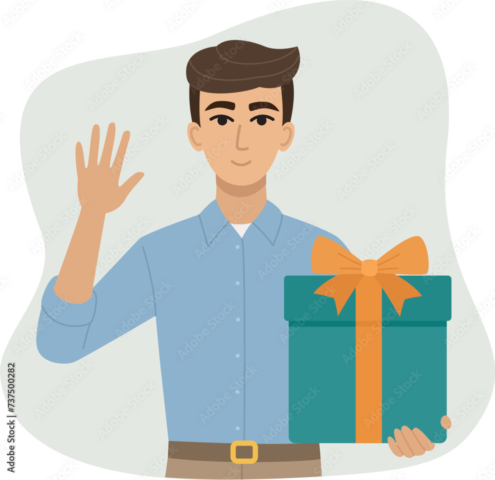 Vector illustration of a man with gift box in his hand. Colorful holiday flat concept Vector illustration of a man with gift box in his hand. Colorful holiday flat concept