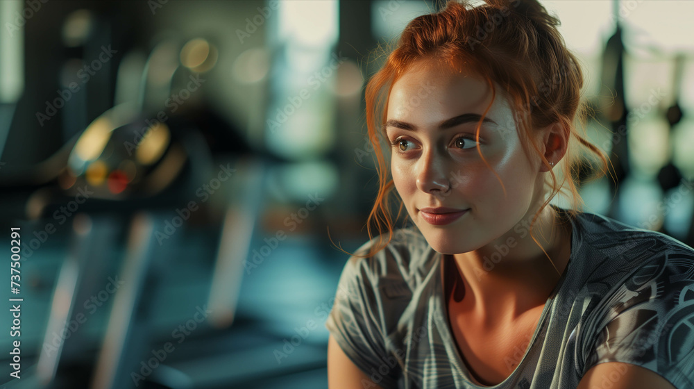 Caucasian woman in exercise clothes smiling confidently in the gym. Caucasian woman in exercise clothes smiling confidently in the gym.