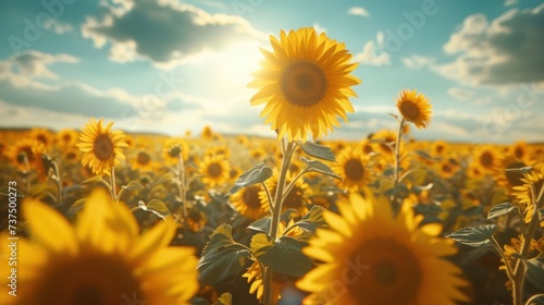 Majestic sunflowers swaying gracefully in a sun-drenched field against a backdrop of endless blue skies