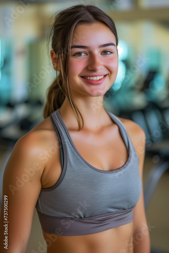 Caucasian woman in exercise clothes smiling confidently in the gym.