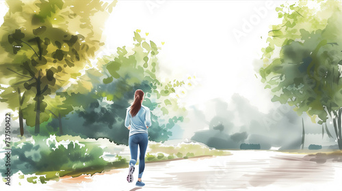 Wallpaper Mural Watercolor, back view of female athlete in exercise clothes running in the park. Torontodigital.ca