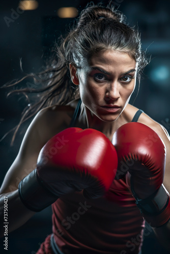Generative AI image of a focused female boxer ready to strike