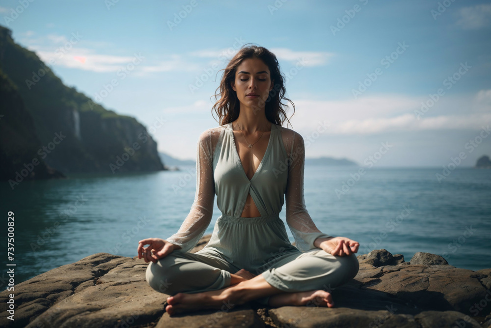 Generative AI image of woman meditating by the sea