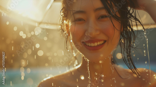 Asian woman in swimsuit bathing outdoors. photo
