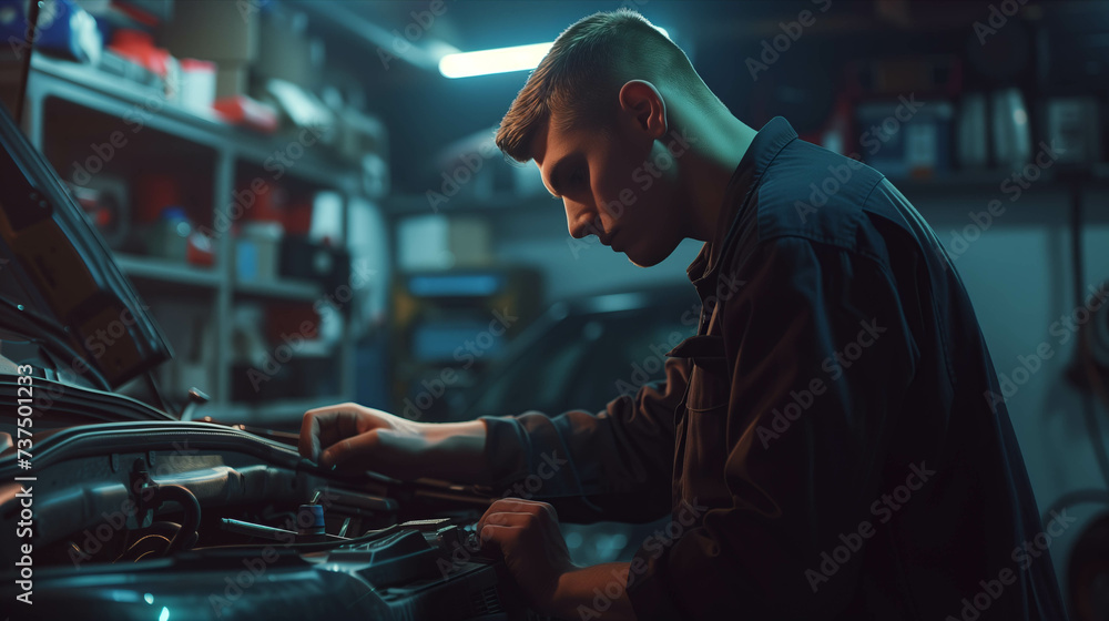 Caucasian man repairing car in auto repair shop. - obrazy, fototapety, plakaty 