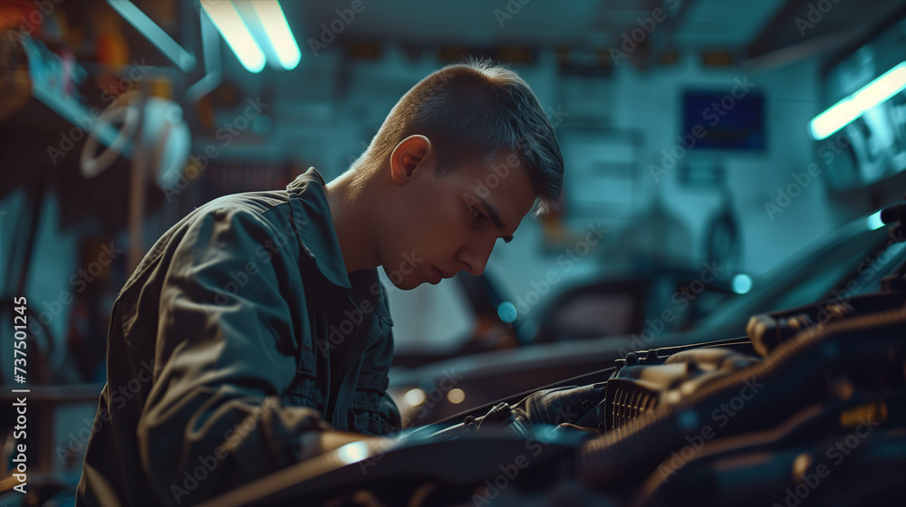 Caucasian man repairing car in auto repair shop.