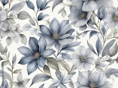 Ash gray floral wallpaper. Watercolor elegant blooms.