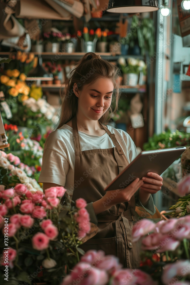 Caucasian woman using tablet in flower shop.