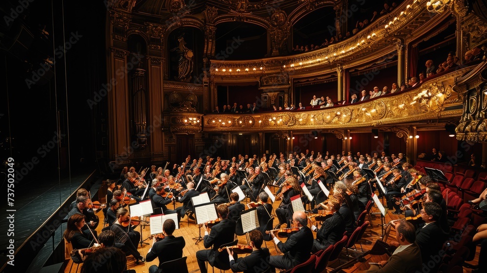 An elegant classical music concert, orchestra in full performance ...
